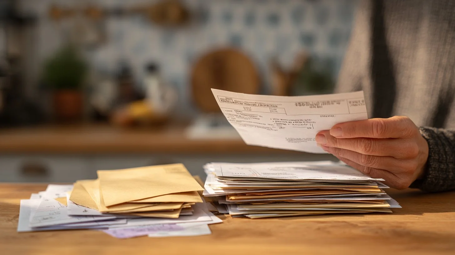 Hand sorting through a stack of household bills on a kitchen table