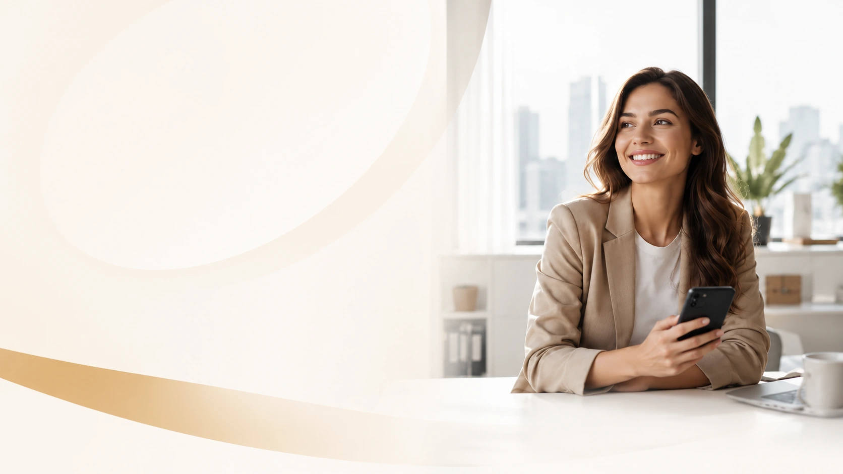 Woman checking her loan offer on a phone in a bright office