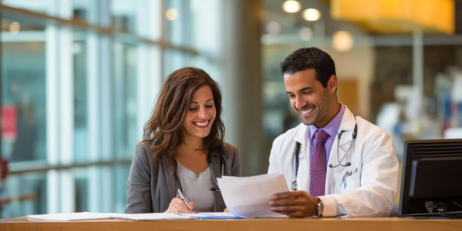 Patient and doctor going through paperwork at a clinic desk